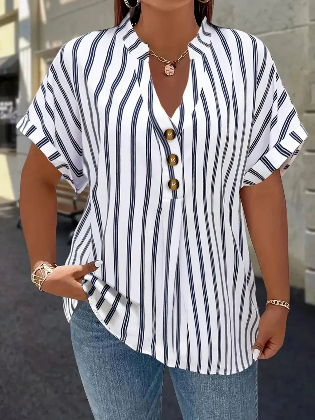 Gadinus White Plus Size Striped Blouse Women V Neck Button Front Short
