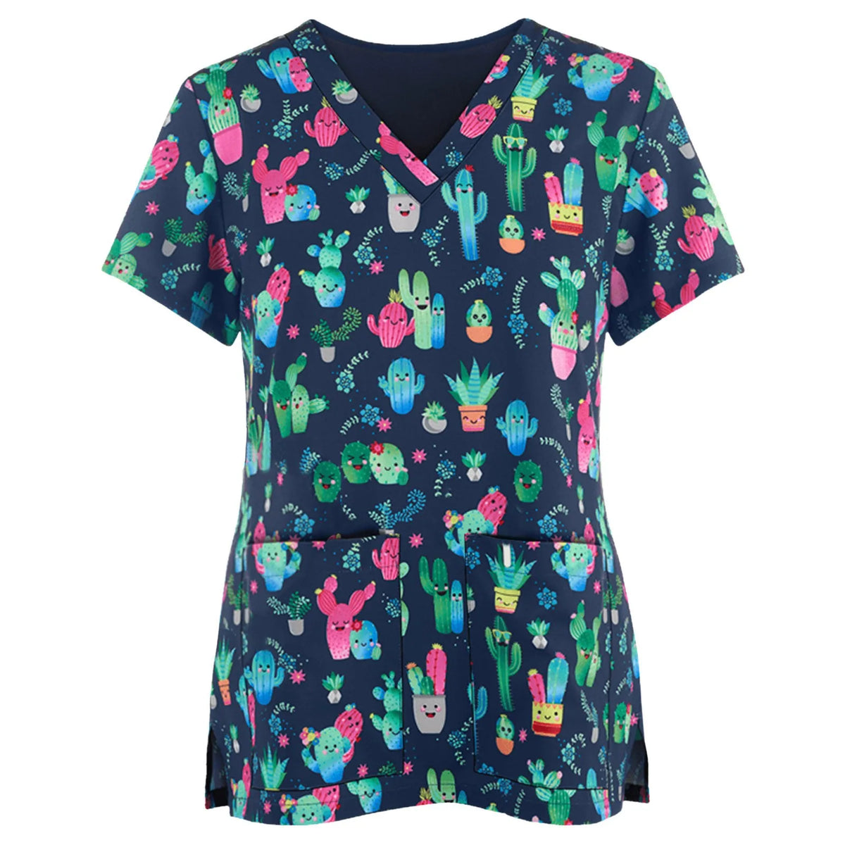 Women Working Uniform Animal Print Cartoon Cat Dog Short Sleeve V-neck