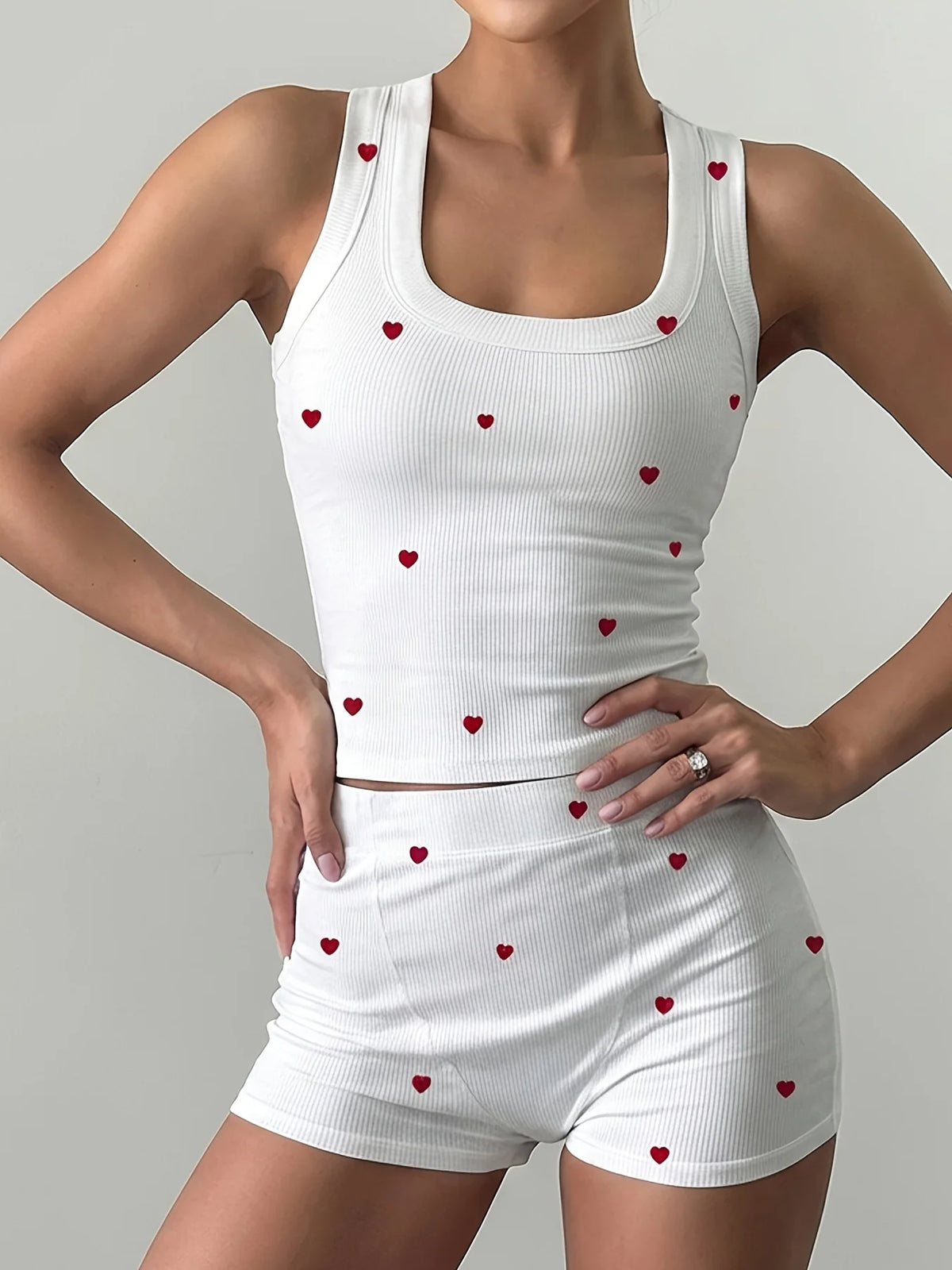 2 Piece Pajamas Set Heart Print Crop Tops and Shorts Loungewear Set