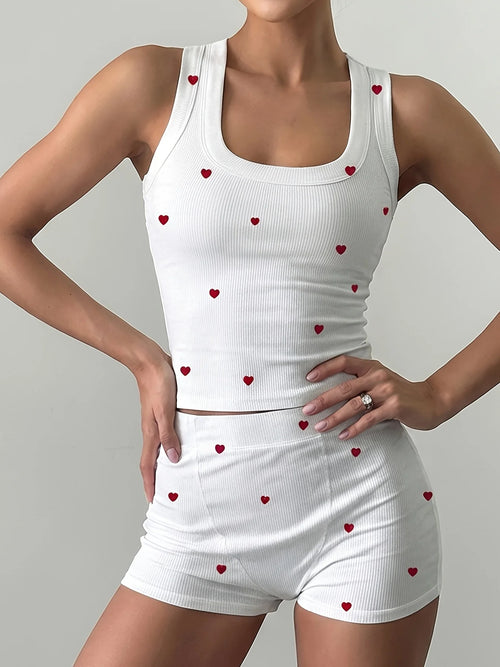 2 Piece Pajamas Set Heart Print Crop Tops and Shorts Loungewear Set