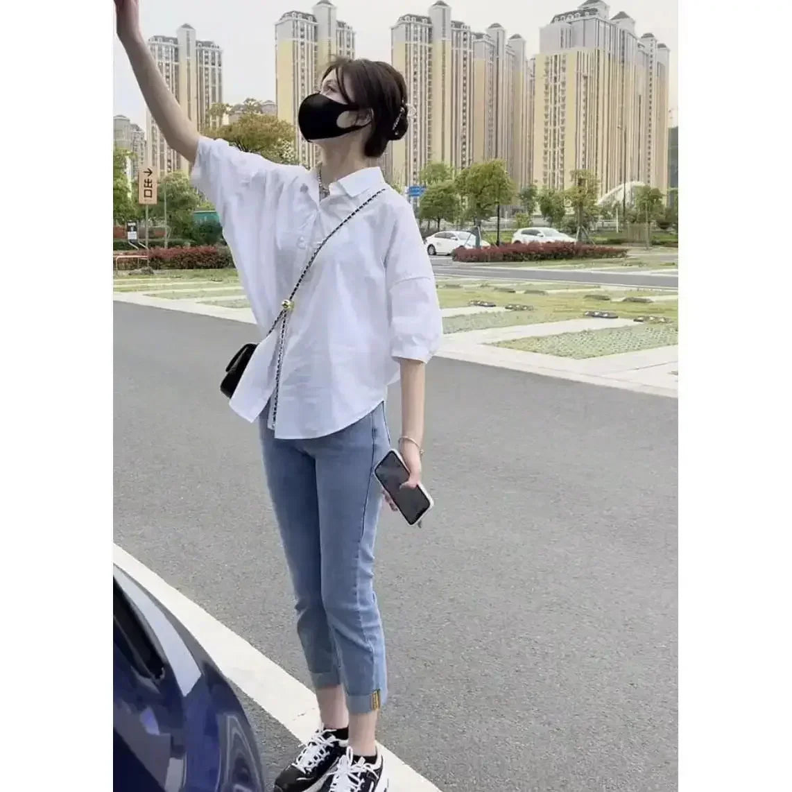 Women Blouses Elegant Streetwear Office Casual Loose Button Up White
