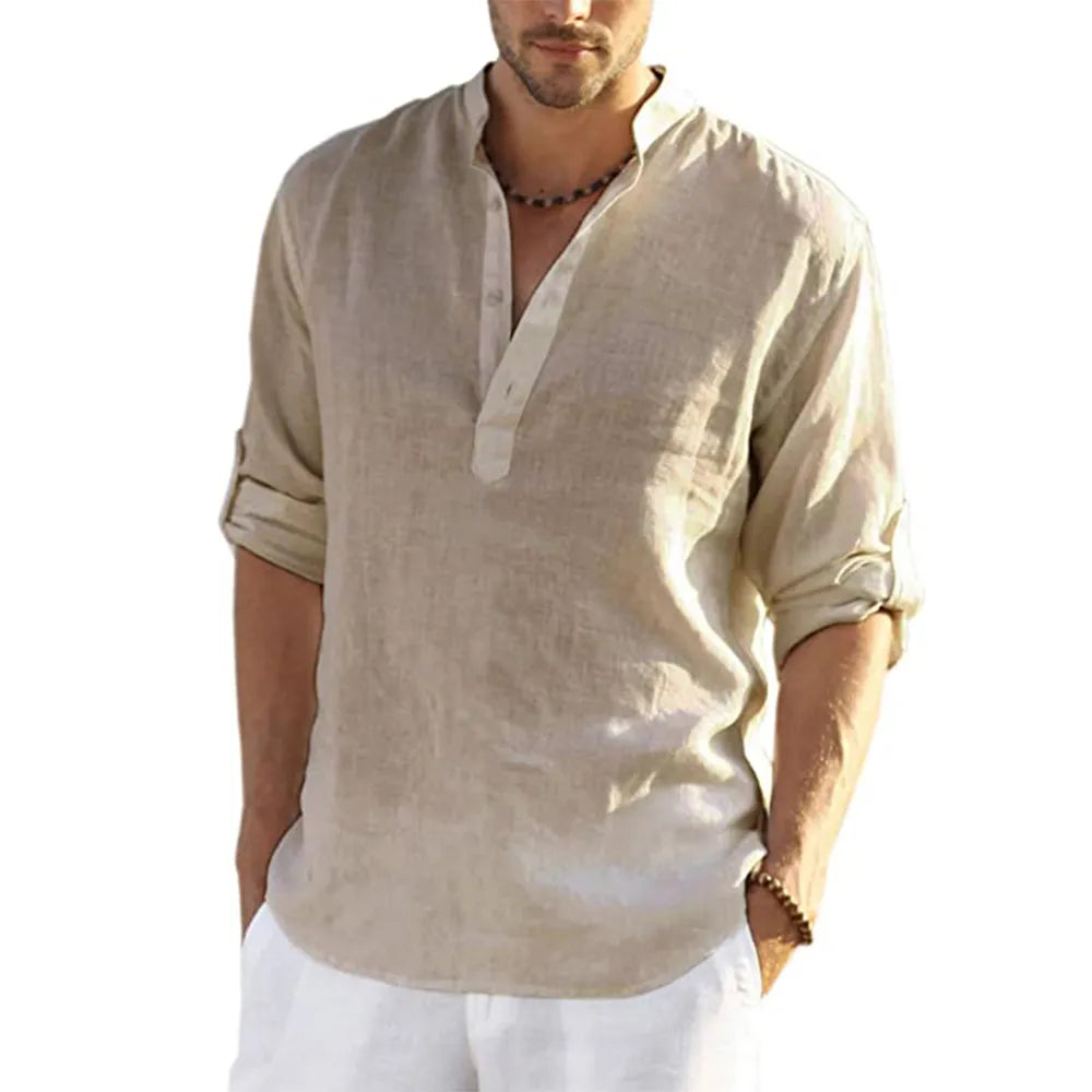 2022 New Men's Casual Blouse Cotton Linen Shirt Loose Tops Long Sleeve