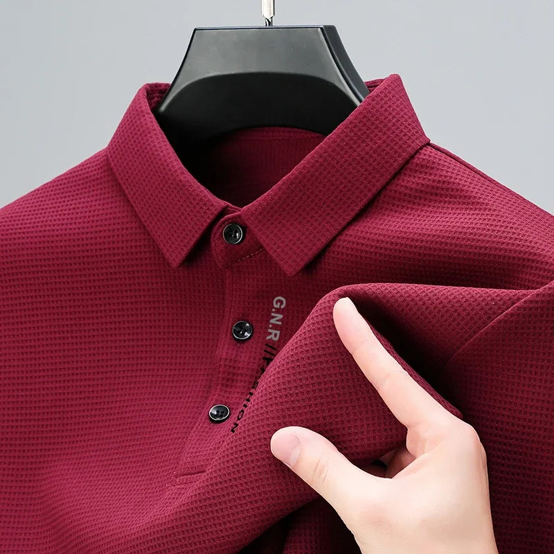 Men's Waffle Long Sleeved POLO Shirt with Letter Printed Lapel Casual