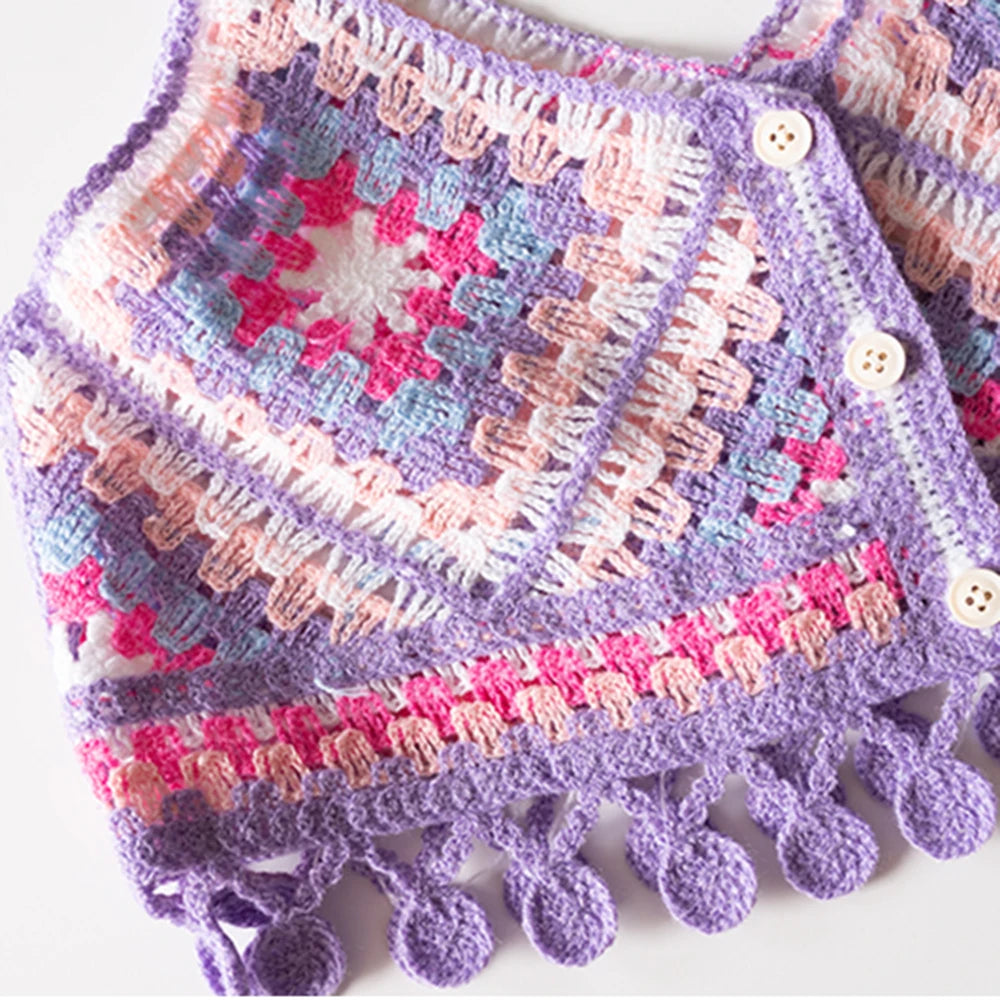 Granny Square Crochet Knit Vest Top Boho Fringed Strappy Crop Cami for