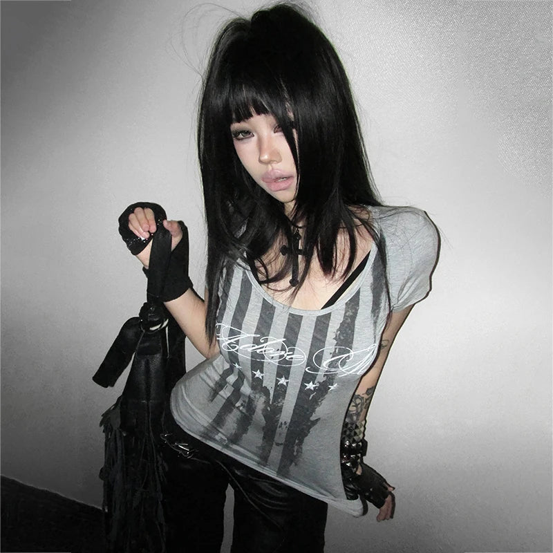 Karrcat Trashy Y2k Striped Letter Print T-shirt Grunge Aesthetics