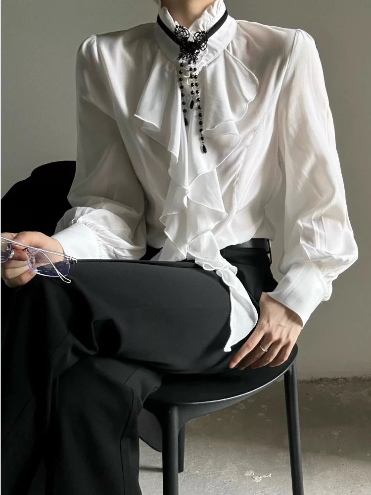 Deeptown White Ruffles Elegant Vintage Women Blouses Black Y2k