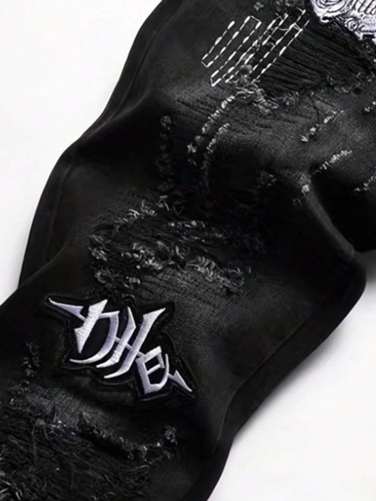 Men's Black Distressed Jeans Skull Patch & Embroidery Letter Print