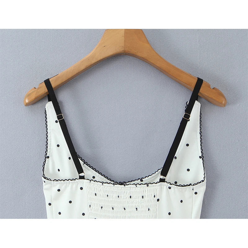 YENKYE Women's White Black Polka Dot  Crop Top Lace Trim Sleeveless
