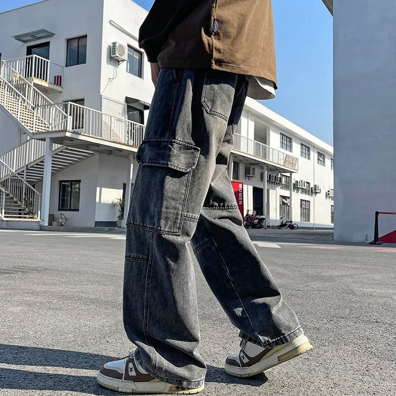 2025 new men's cement grey work jeans Y2K street hip-hop large pocket