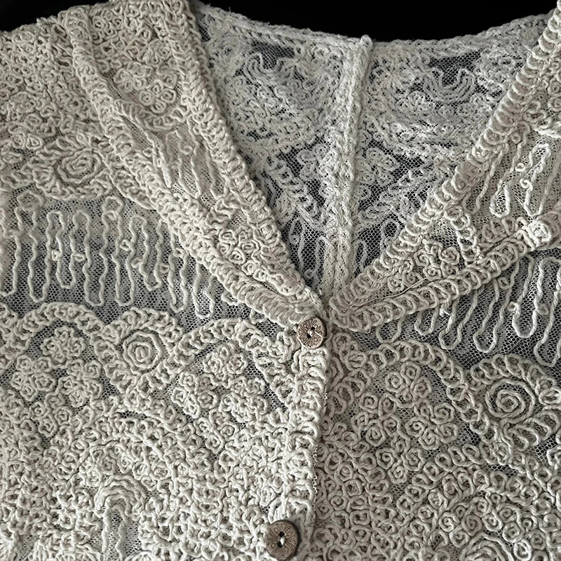 Sheer Embroidery Lace Blouse Cover Up Top Short Sleeve Button Front