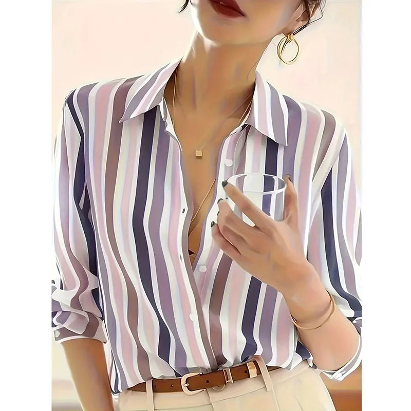 Elegant Chic Office Lady Turn Down Collar Shirt Simple Temperament