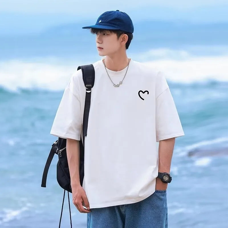 M-8XL Summer Men's Oversized T-shirt Simple Love Printed T-shirt