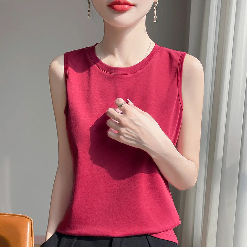 Spring And Summer 100% Cotton Round Neck Sleeveless T-shirt Women's