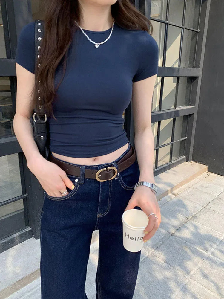 Basic Solid Crop Top Short Sleeve Crewneck Skinny T-shirt Summer