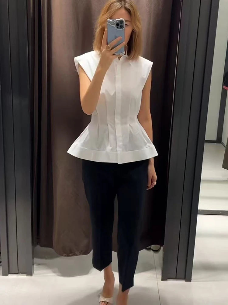 TFMLN Women's Pleated Shirt Spring Summer Vintage Lapel Collar