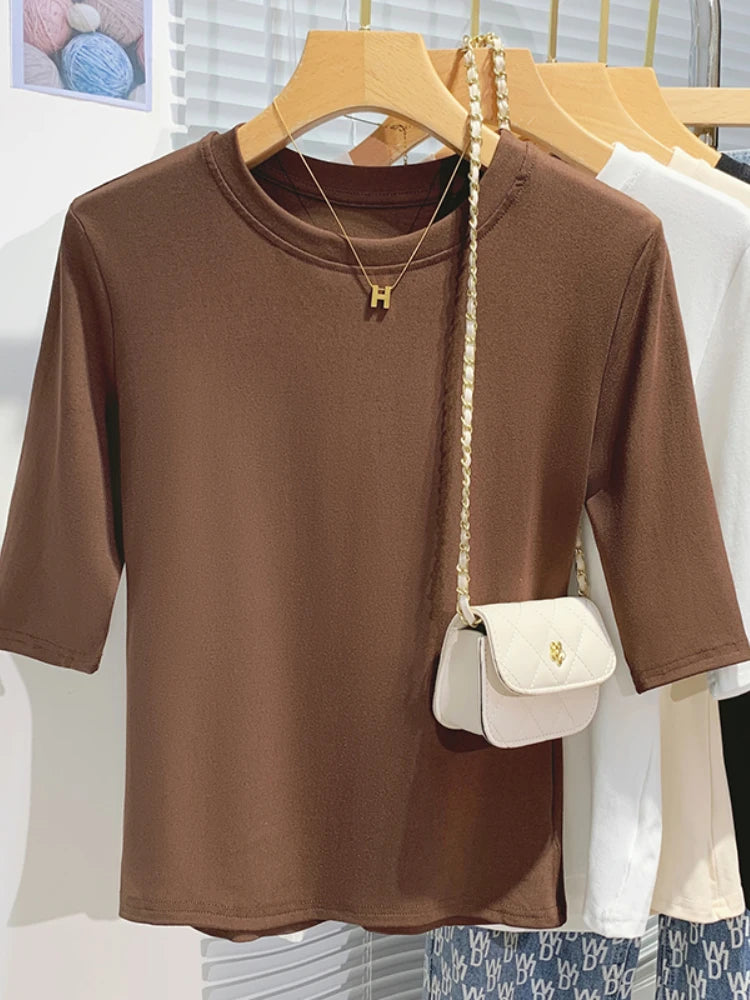 AOSSVIAO 2026 Summer 100% Cotton Women's T-shirt Bottoming Basic Crew