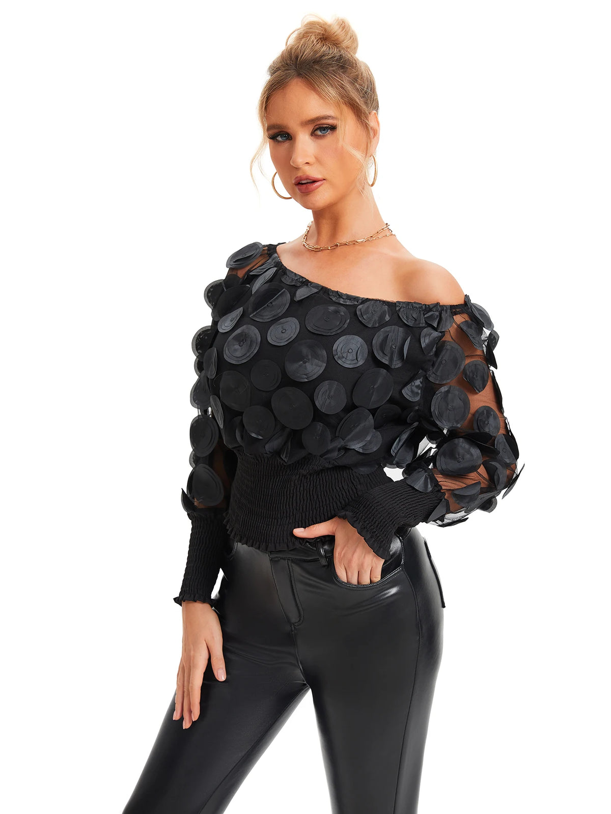 Applique Slant Shoulder Blouse, Elegant Long Sleeve Blouse For Spring