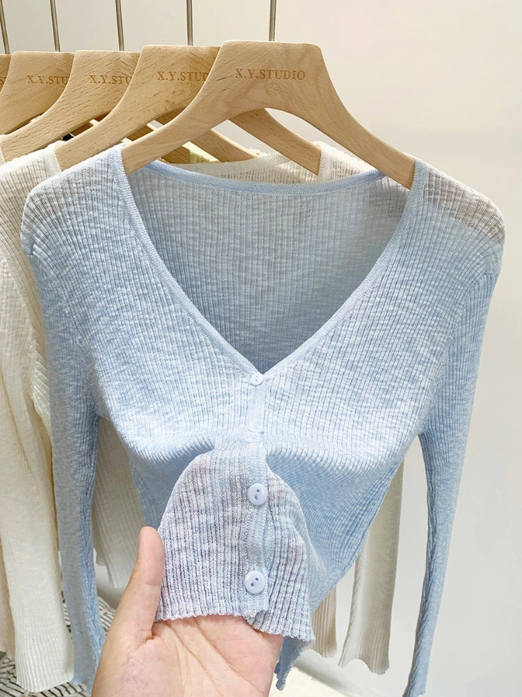 2026 Summer Thin Air Conditioning Blouse Ice Silk Knit Sun Protection