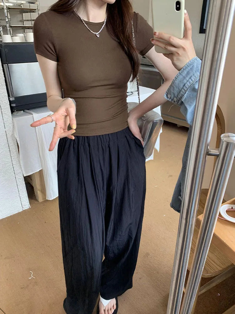 Basic Solid Crop Top Short Sleeve Crewneck Skinny T-shirt Summer