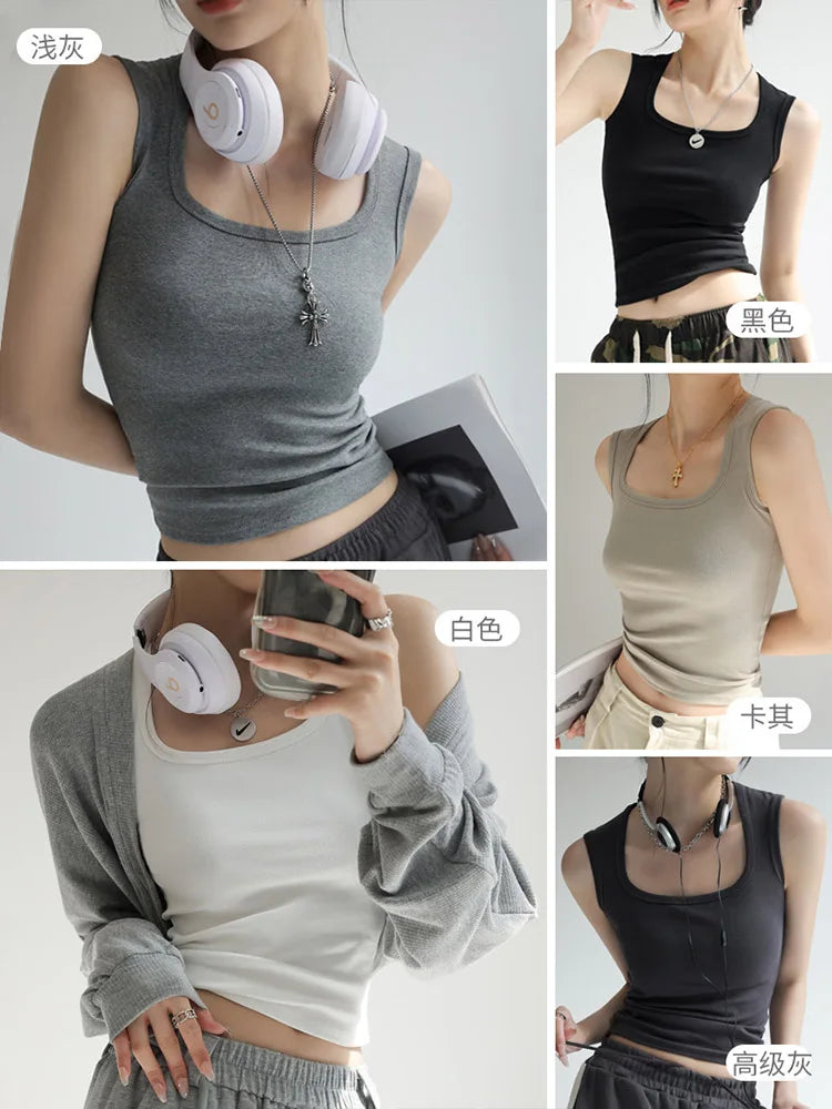 Solid U Neck Ribbed Camisole Summer Basic ElasticWomen