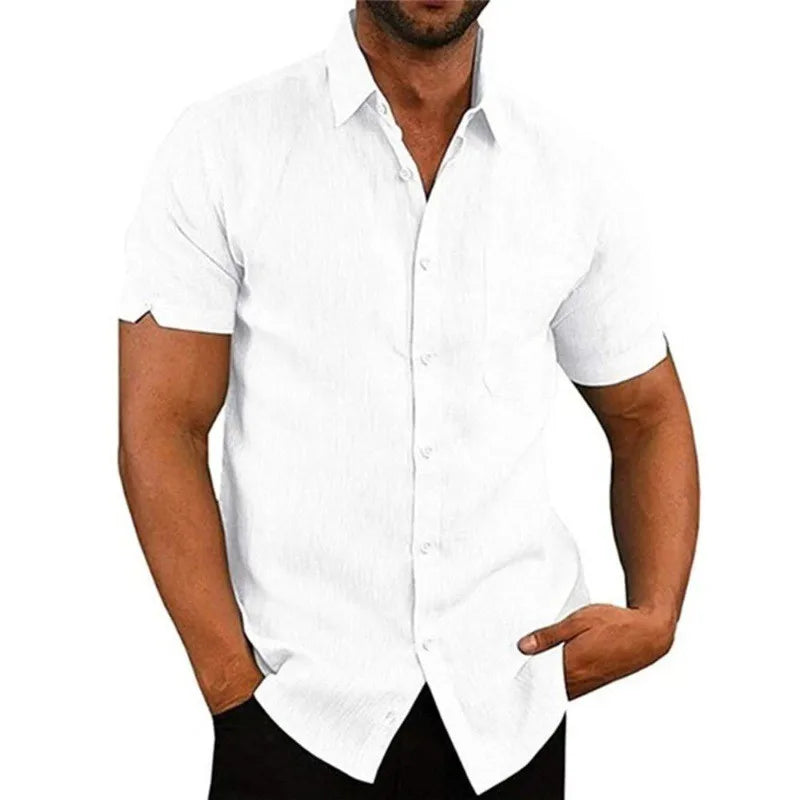 Summer Polo Collar Solid Short Sleeve Button Men's Shirt Men's