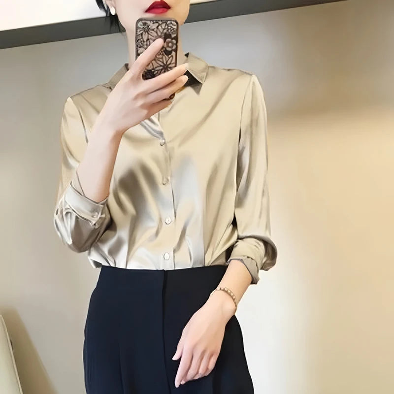 All-match Satin Finish Shirts And Blouses Women Clothing Casual Top OL