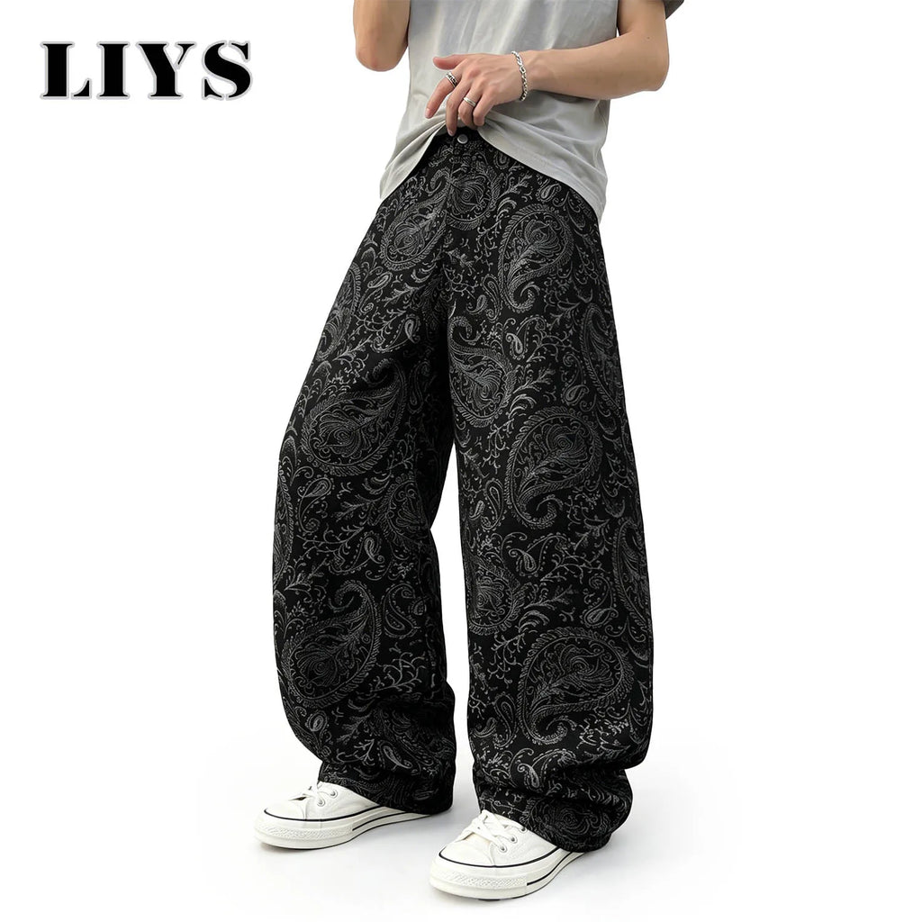 LIYS Men's American Trendy Brand Dark Cashew Flower Full Print Jeans