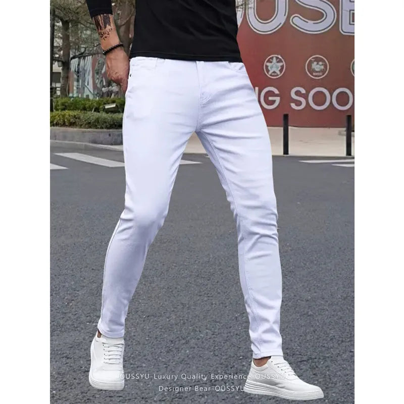 2026 New Spring Summer Men's White Skinny Jeans Slim Fit Stretch Denim