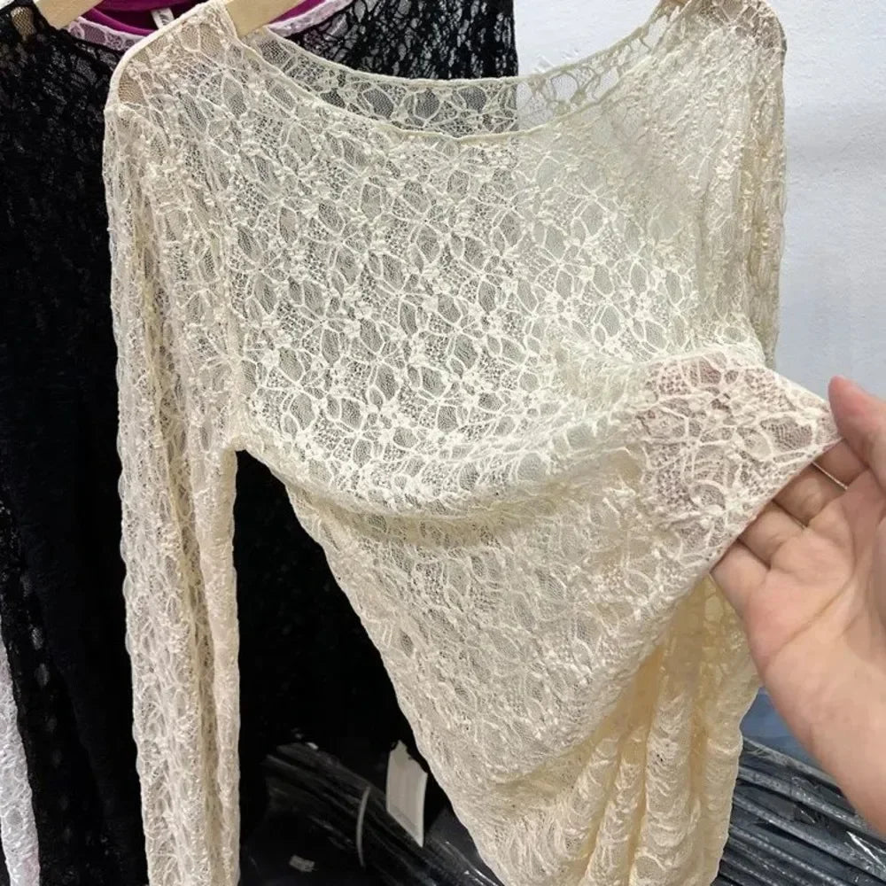 Sexy and slightly transparent black lace shirt women long sleeved