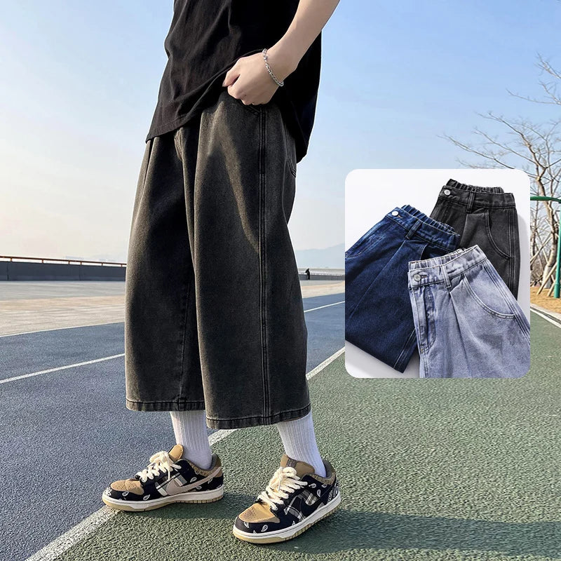 High Quality New Summer Men's Cropped Jeans Loose Straight Leg Casual