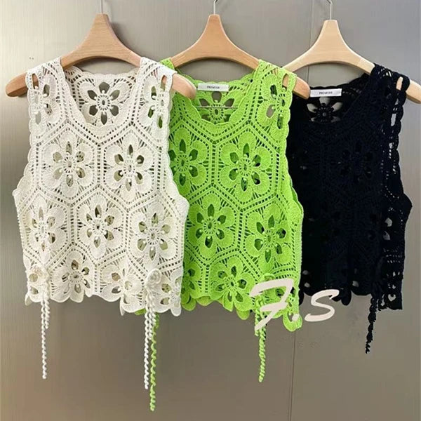 Women Crochet Tank Top Floral Embroidery Sheer Openwork Sleeveless