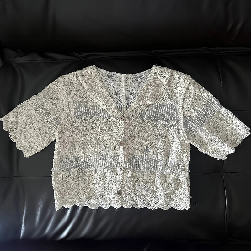 Sheer Embroidery Lace Blouse Cover Up Top Short Sleeve Button Front