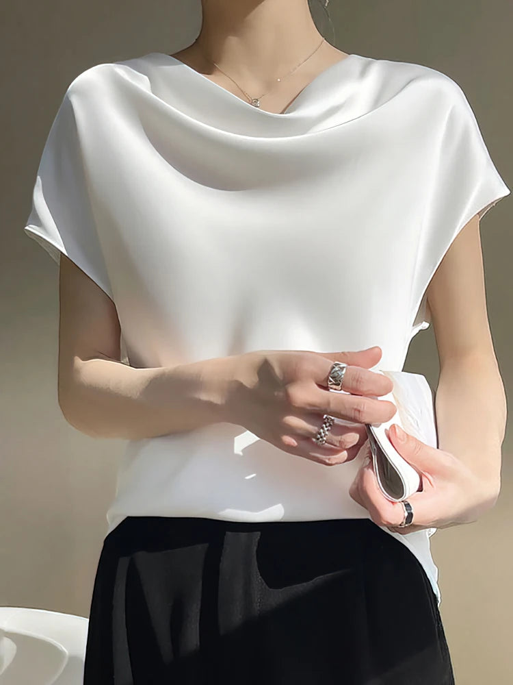 Luxury Elegant Summer Satin Silk Blouse Women Short Sleeve Casual