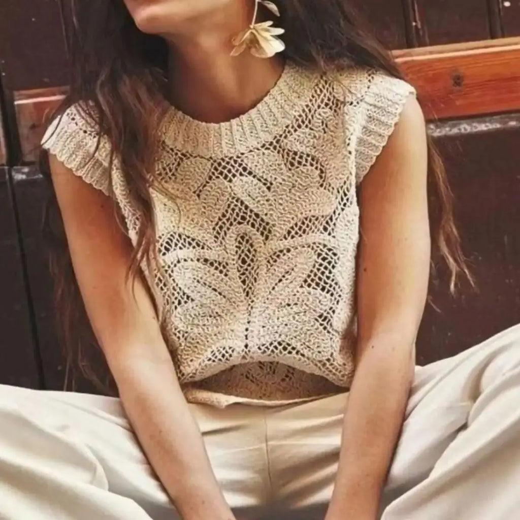Boho Crochet Vest Top Women Sleeveless Semi-Sheer Open Knit Lace