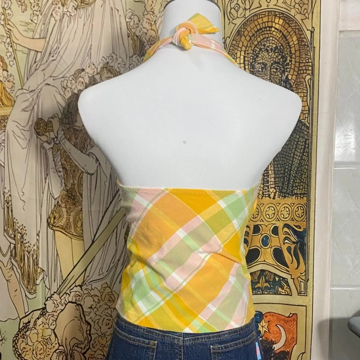 Japanese Vintage Plaid Halter Vest Women Sexy Backless Sleeveless Slim