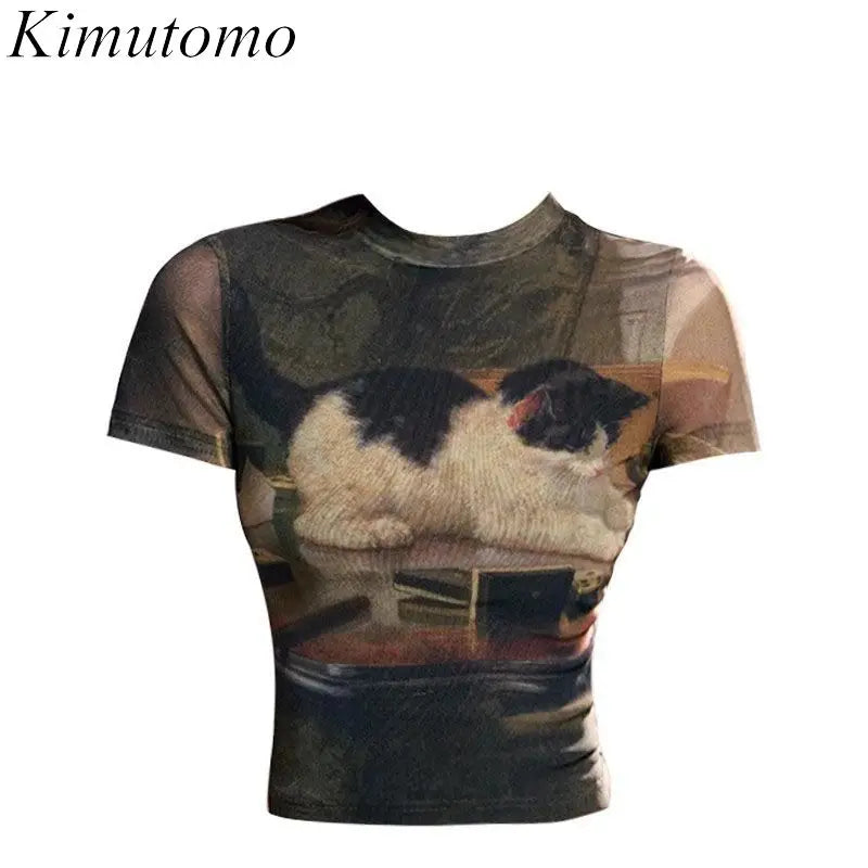 Kimutomo Y2k T Shirts Women Vintage Sexy Cartoon Cat Printed Short