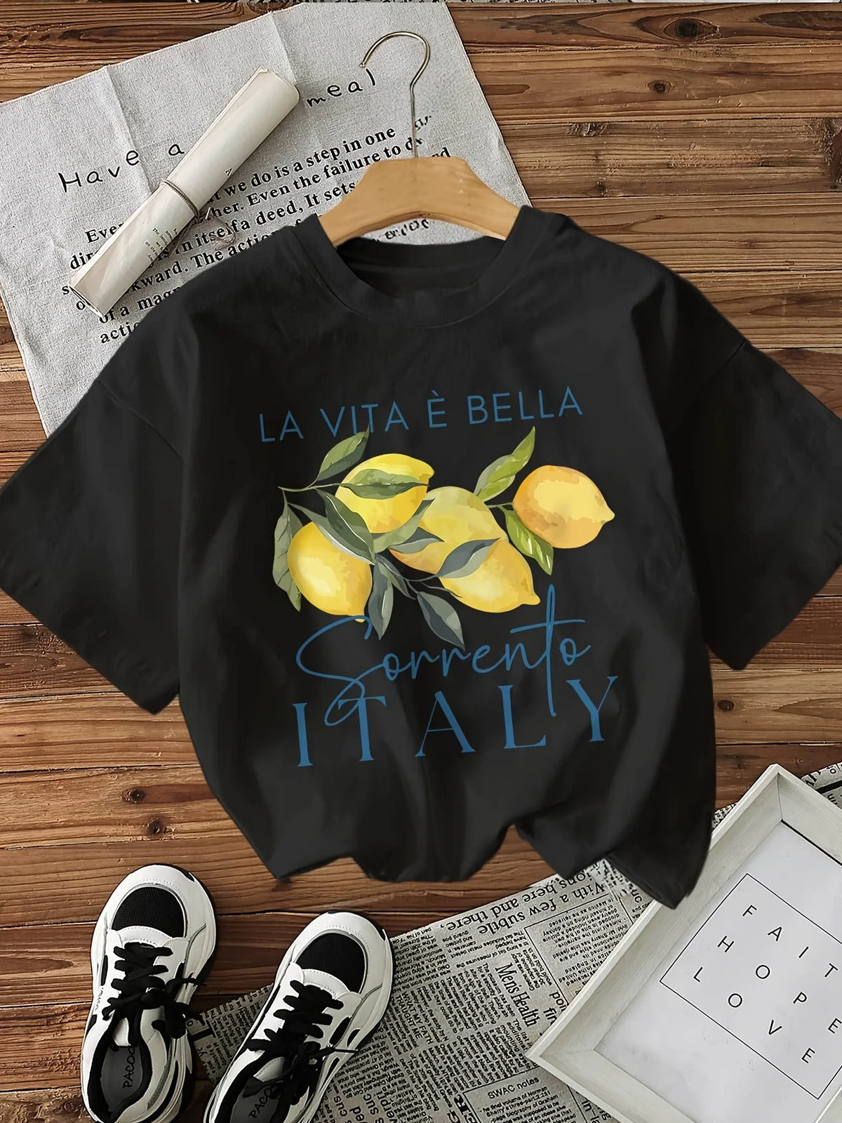 100% Cotton Loose Graphic Lemon Print T-Shirt Short Sleeve Crew Neck