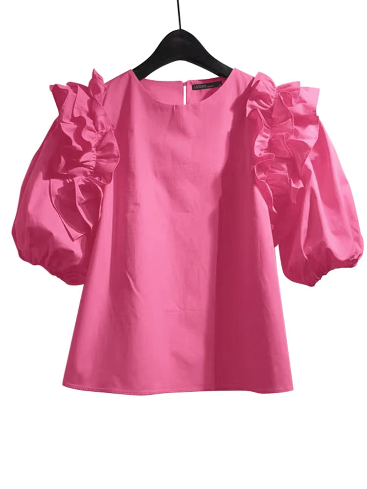 ZANZEA Women Summer Chic Blouse Korean Fashion Puff Short Sleeve Tops