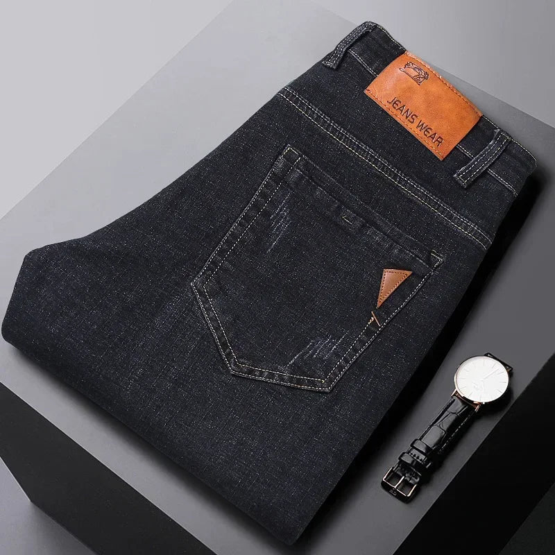 New men's straight leg jeans classic black blue micro elastic casual