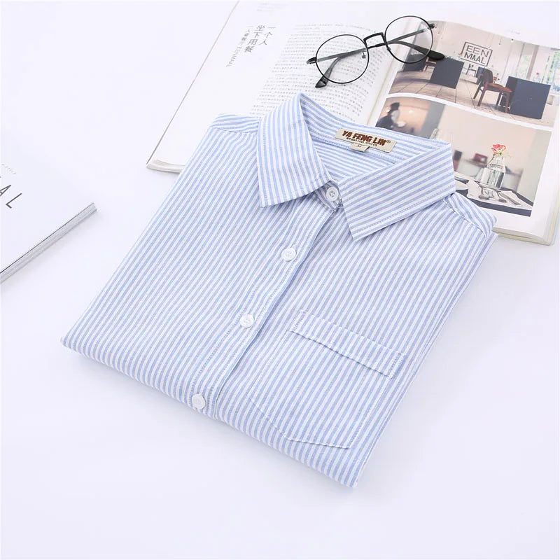 White Blue Pink Striped Shirt Women 2024 Spring New Simple Casual Long