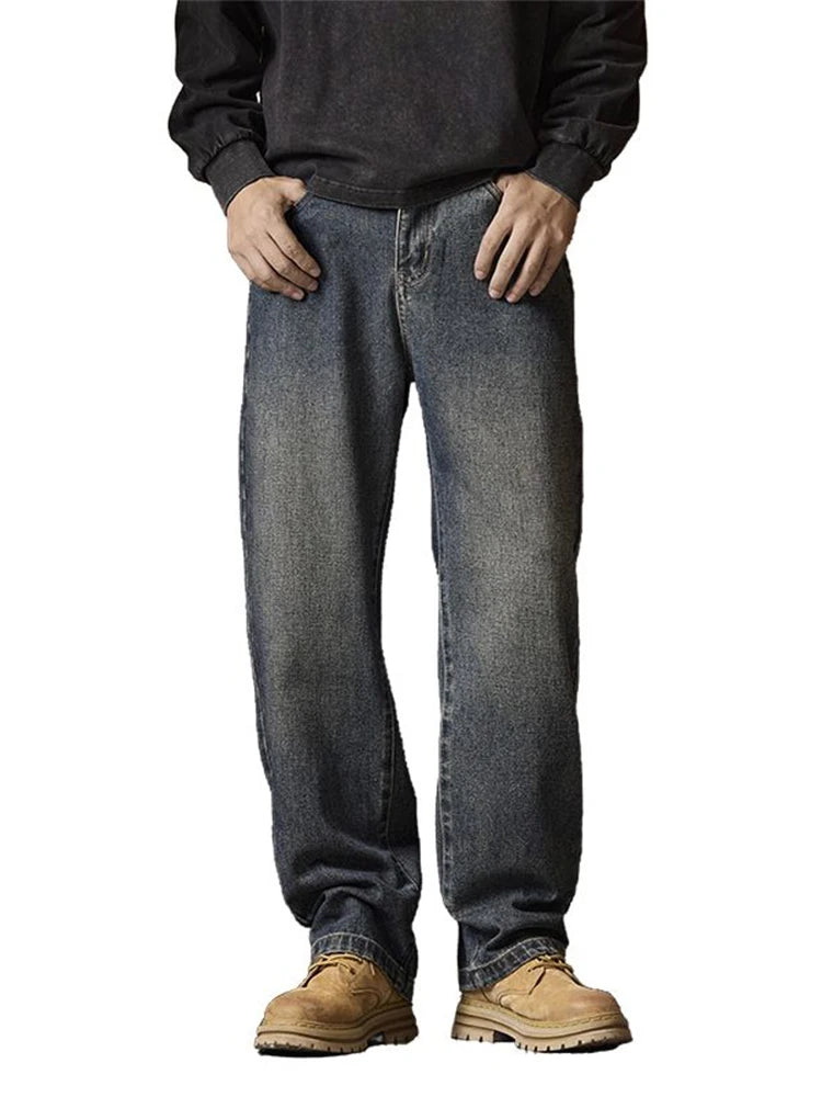 American Men's Y2K Retro Blue Denim Jeans Autumn Spring Relaxed Fit