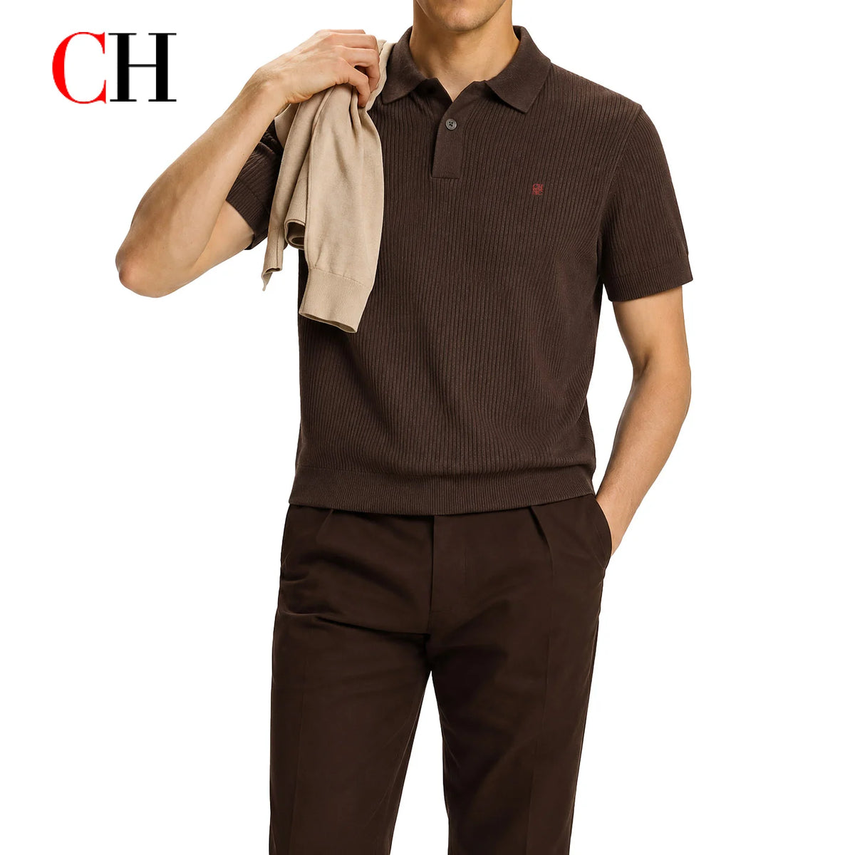 CH Men Luxury Vertical Ribbed Knit Polo Shirt Red Mini Embroidery Left