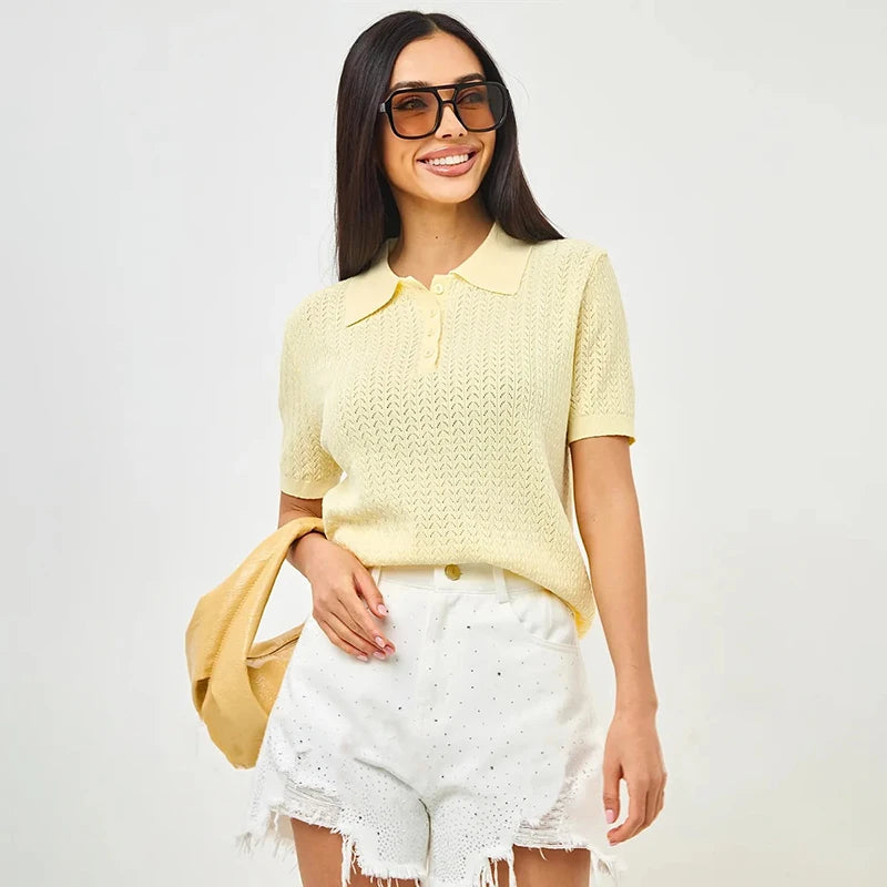 Typhaland Hollow Knitted T shirt Woman 2026 Summer New Short Sleeve