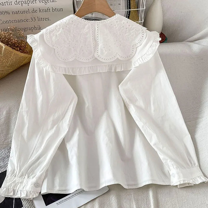 Preppy Style Peter Pan Collar White Shirt Women Spring Summer Long