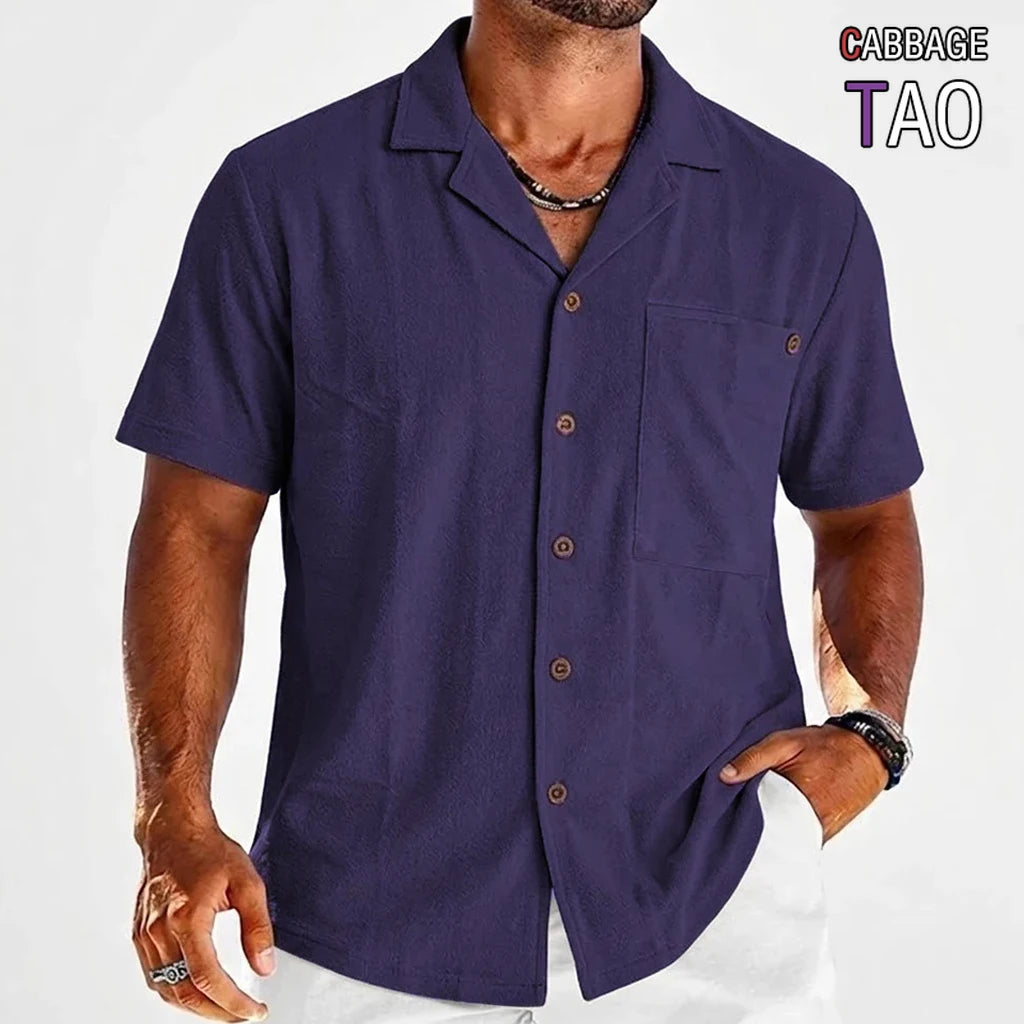 Mens Premium Short Sleeve Linen Shirts Summer Lightweight Breathable