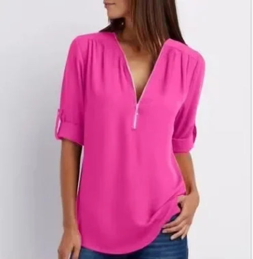 2024 Hot Sale Women Cool Loose Shirt Deep V Neck Chiffon Fashion
