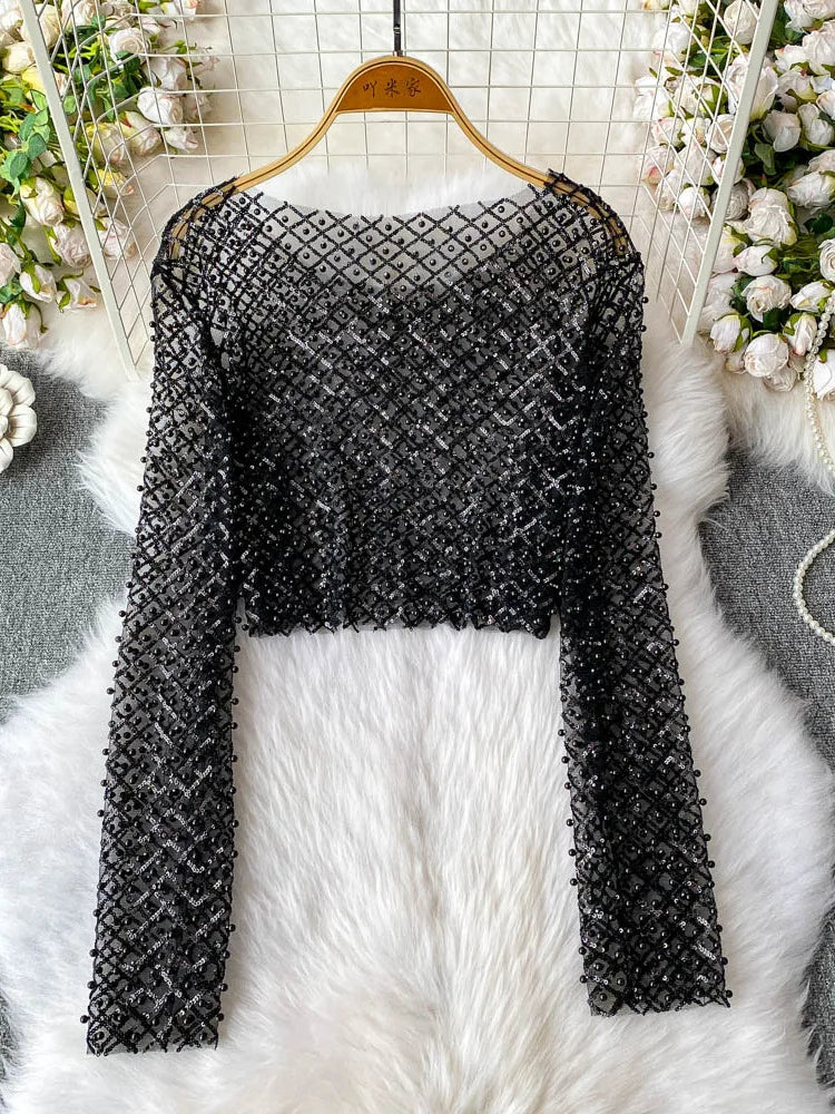 2025 Fashion Streetwear Sequined Sun-proof Blouses Sexy Pearl Beading