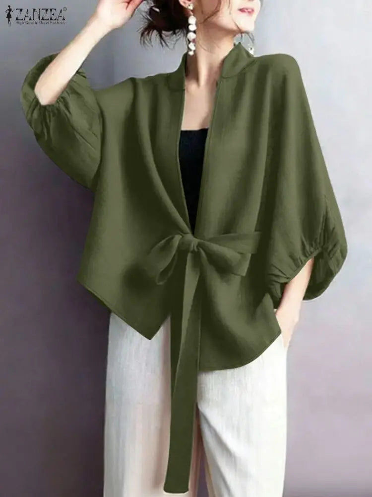 2025 ZANZEA Elegant V Neck Lantern Sleeve Cardigan Shirt Autumn Women