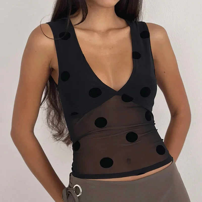 Polka Dot Print Sheer Mesh Crop Top for Women Summer Sleeveless V Neck