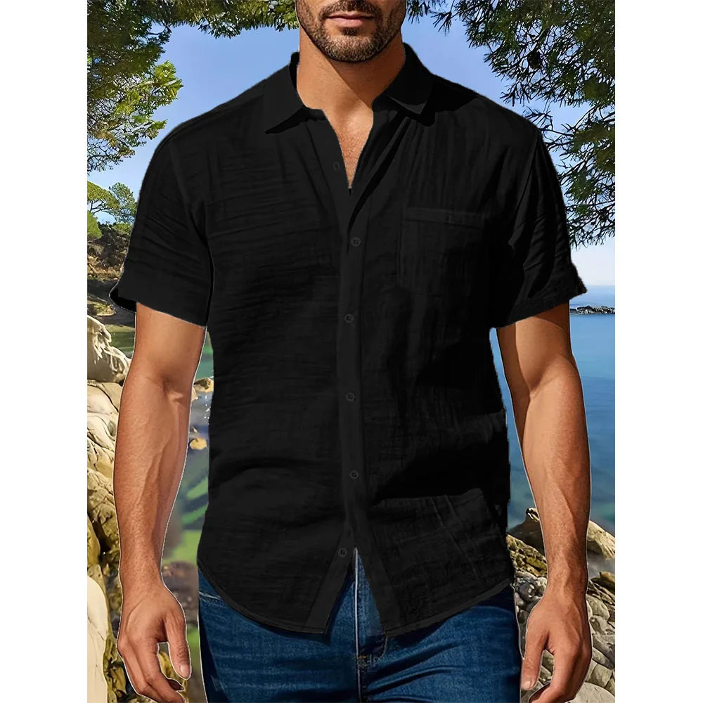 Summer New Men's Short Sleeve Shirt Cotton Linen Lightweight